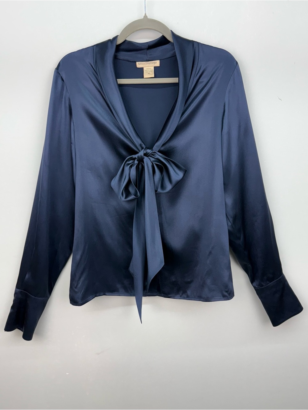 Patrick Christopher Silk Satin Look Navy Blue Blouse Vintage Top w Bow Tie Sz.10